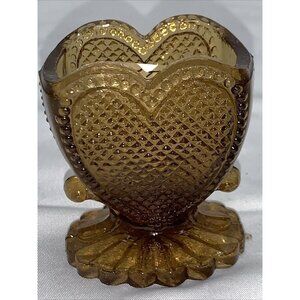 Vtg Diamond Point Heart Glass Toothpick Holder Brown Uranium UV Glow Green